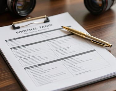 A close-up of a professional financial planning portfolio and a gold pen resting on a dark wood table in a North American office, warm soft lighting.
