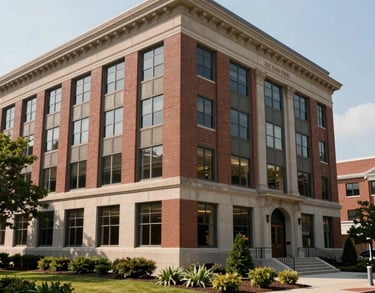 The exterior of a dignified, professional North American office building with classic brick and large windows, surrounded by tidy landscaping.