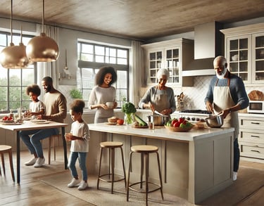 family cooking dinner in a kitchen