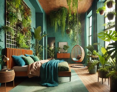 bedroom with lush greenery and natural materials