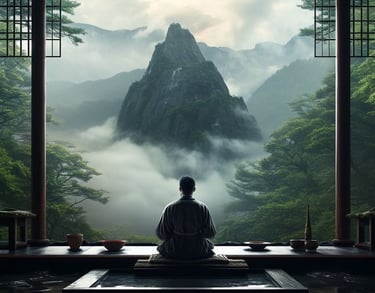 méditation zen face a une montagne et la brume