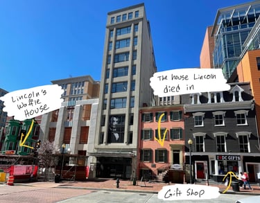 A picture showing Lincoln's waffle House, a gift shop and the house where Lincoln died