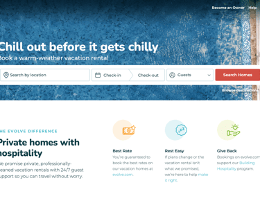 Evolve Home Screen of their website for vacation rental hosts