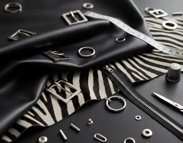 Black leather and zebra print fabric with metal buckles, zippers, and sewing tools for fashion design.