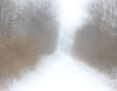 a person walking down a snowy road with a red umbrella