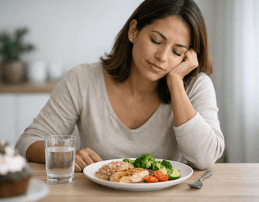 Mujer reflexiva frente a un plato de comida saludable con verduras y agua, mientras un postre aparece desenfocado al lado