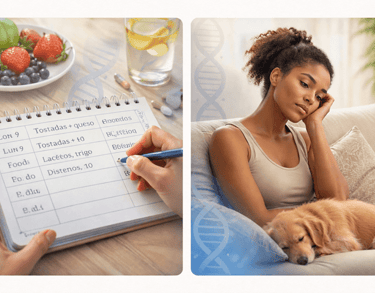 Mano escribiendo diario de alimentos y síntomas con frutas y suplementos; mujer descansando con su perro