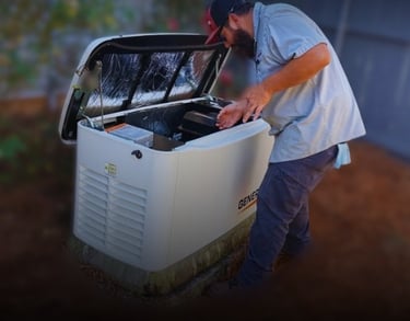 A Williams electric service & generator service techs checking the oil in a generac home generator
