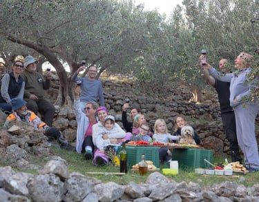 Family Picnic in Olive Grove with Wine Toast