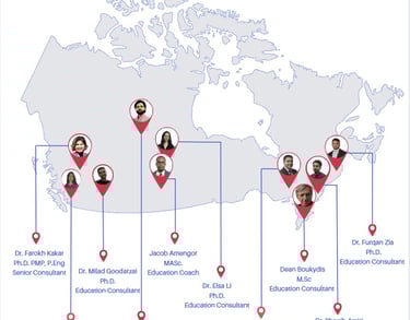 Map of Canada showing 10 education consultants and coaches with location pins, names, qualifications