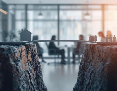 a man standing on a cliff face with a house on the other side