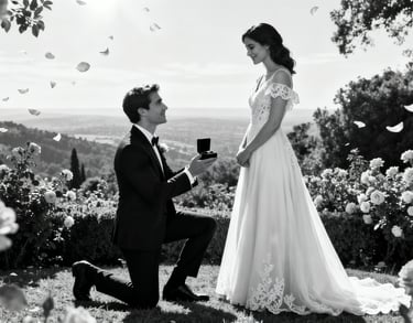 “Groom proposing to bride in garden setting during engagement film shoot by Frames by Peter Toronto.”