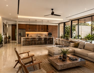 Modern luxury open-concept living area with stone walls, wooden kitchen, and pool view.