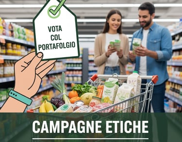 Coppia sorridente guarda gli smartphone mentre fa la spesa in un supermercato, con un carrello che m