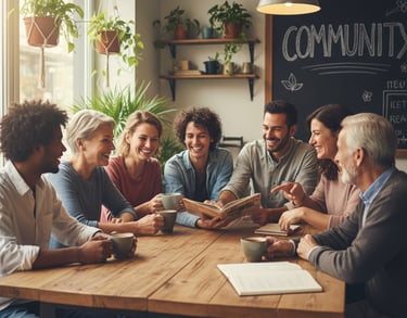 Gruppo eterogeneo di persone sorridenti che interagiscono in un ambiente accogliente."