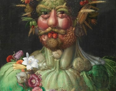 immagine di uomo dipinto con elementi vegani frutta verdura cereali