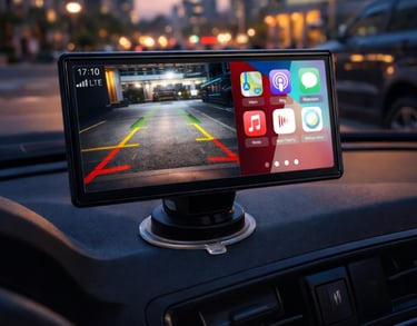 Central multimídia 7 polegadas com câmera de ré ativa exibindo imagem traseira no carro