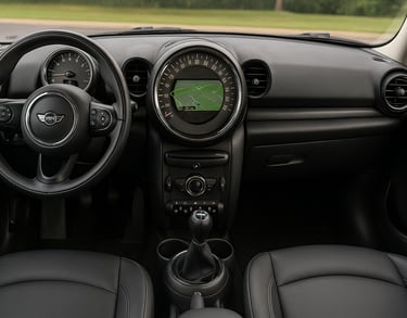 Interior do Mini Cooper com volante, painel circular central e bancos em couro preto.