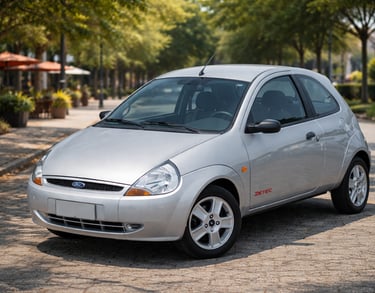 Ford Ka Zetec prata estacionado em rua arborizada com calçamento de pedra e ambiente urbano ao fundo