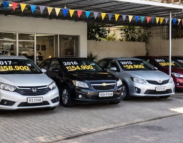 Pátio de loja de carros usados com veículos à venda, placas de preço e ano em português, sem pessoas