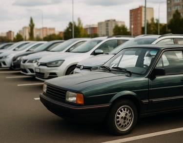 Carro antigo estacionado ao lado de modelos modernos em pátio urbano, representando frota de idades 