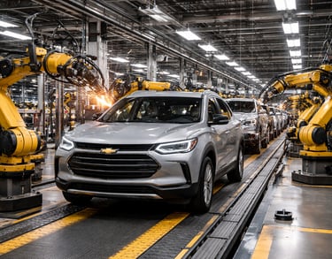 Linha de produção da General Motors no Brasil com SUV Chevrolet sendo montado por robôs