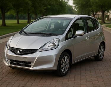 Honda Fit 2014 prateado estacionado em rua de tijolos com árvores e casas ao fundo sob luz suave do