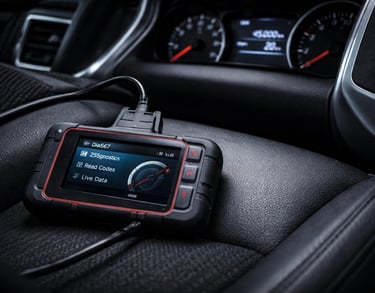 Hodômetro o que é: scanner automotivo conectado ao carro no banco com painel e quilometragem visível