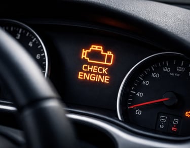 Painel de carro com luz de falha mecânica acesa indicando risco fora da cobertura do seguro