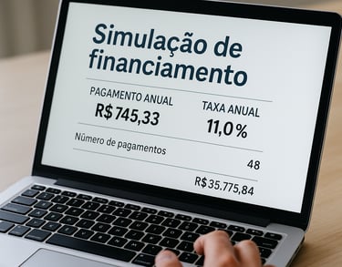 Pessoa usando notebook com simulação de financiamento anual exibindo taxas e parcelas na tela.