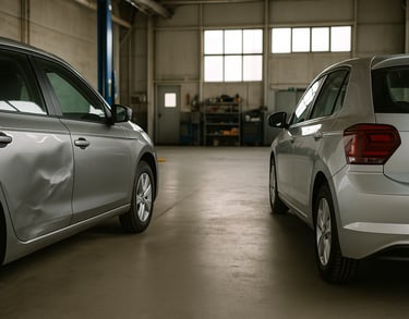 Interior de oficina automotiva com dois carros lado a lado: um com amassado na porta e outro já repa