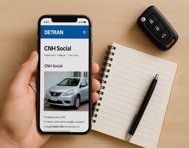Celular com site da CNH Social aberto ao lado de caderno, caneta e chave de carro sobre mesa de made