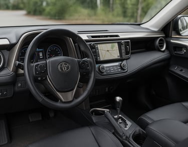 Interior do Toyota RAV4 2016 com painel, volante e central multimídia em destaque, visto do banco tr