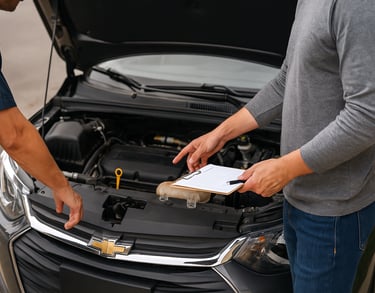Pessoa inspecionando motor de carro Chevrolet com capô aberto, checklist na mão e mecânico ao lado.
