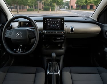 Interior do Citroën C4 Cactus com foco no painel, volante, central multimídia elevada e acabamento d