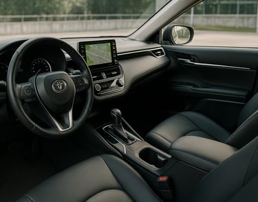 Interior de um sedan sofisticado com acabamento em couro, central multimídia e painel moderno bem il