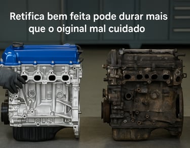 Comparativo entre motor retificado limpo com tampa azul e motor usado sujo e desgastado em oficina.