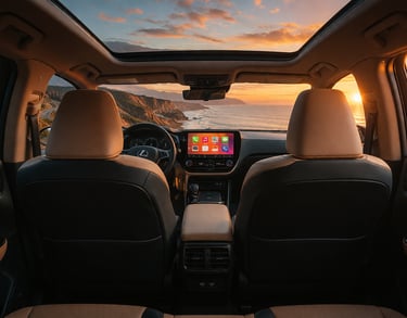 Interior do Lexus NX 450h+ SUV híbrido de luxo com teto panorâmico e vista premium ao dirigir