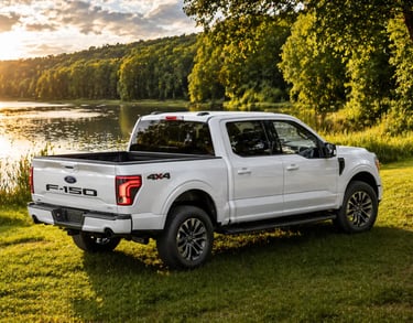 picape elétrica barata da ford vista de traseira em cenário rural