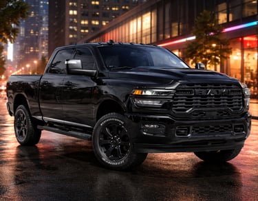 Ram 2500 Warlock e Black Express em cenário urbano com visual robusto