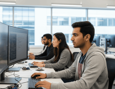 Pakistani student in a Canadian college, computer lab or workshop, engaged in practical, hands-on learning.