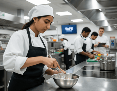 A Pakistani student in a practical training, reflecting a TAFE or college environment.
