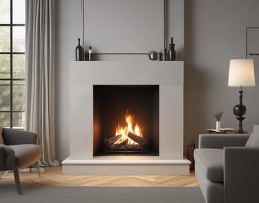 Cheminée moderne et élégante, avec des flammes vives au centre, encadrée par un manteau épuré