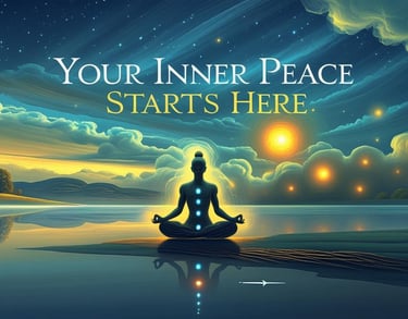 meditation pose with chakra energy, calm lake and sunrise, representing relaxation and healing