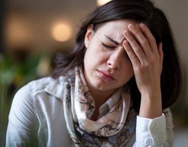 Femme maux de tête, migraine, stress, fatigue émotionnelle
