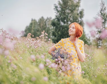A lady portrayed as having received Reiki, she is stress free, joyful, present and light.