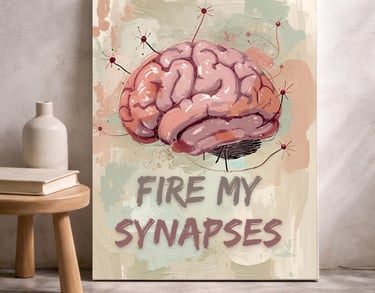Brain anatomy canvas art with Fire My Synapses text on an easel in a modern art studio.