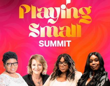 Stop Playing Small Summit featuring four female speakers on a vibrant pink background.