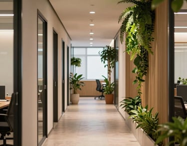 A beautifully illuminated office corridor in a modern Brazilian startup, clean architecture with biophilic details, vertical plants, and soft, warm, indirect lighting to promote calm.
