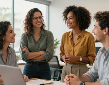 A vibrant photograph of Brazilian professionals interacting happily and stress-free in a modern workplace setting, expressing teamwork, relief, and mental health support, bright clean light.